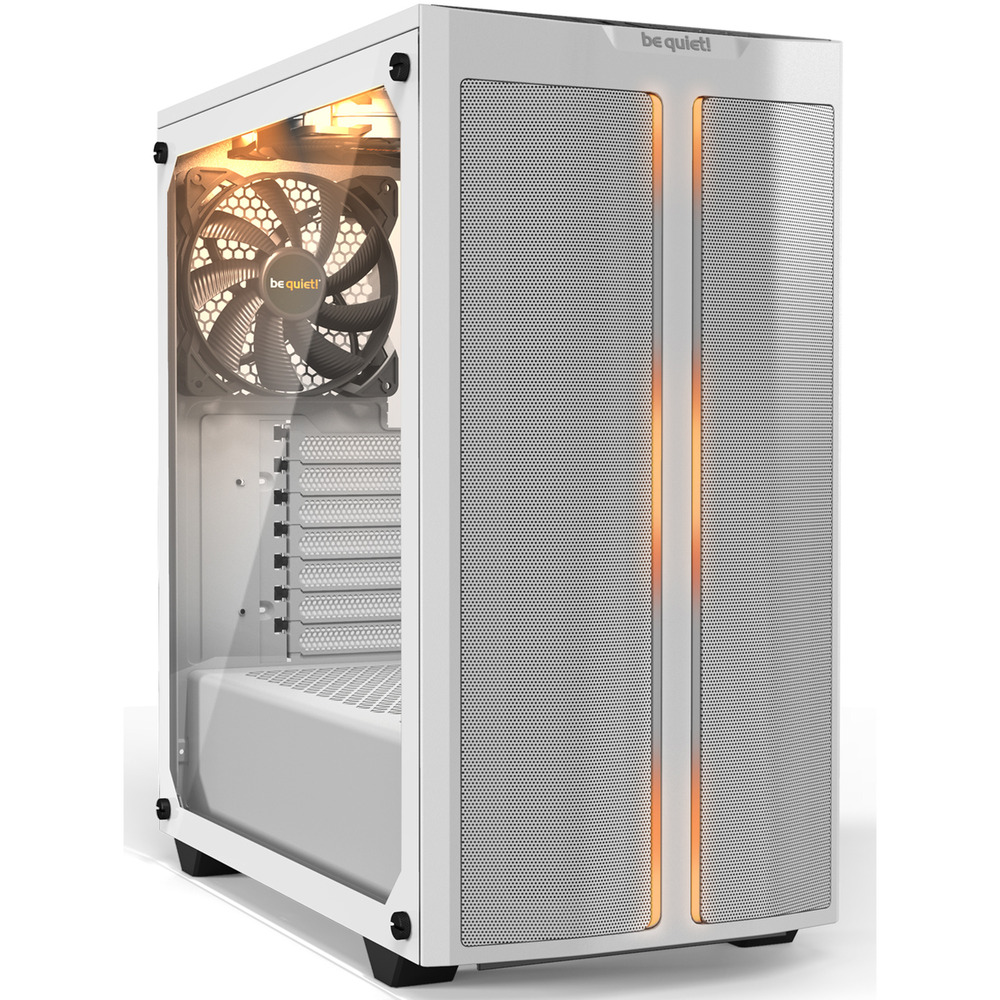 White mid-tower PC case with a tempered glass side panel, mesh front for airflow, and customizable RGB lighting, featuring a large cooling fan visible inside.