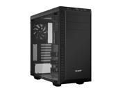 Black MIDI tower case with a transparent side window, featuring a sleek design, ventilation fan, and multiple drive bays for optimal airflow and component storage.