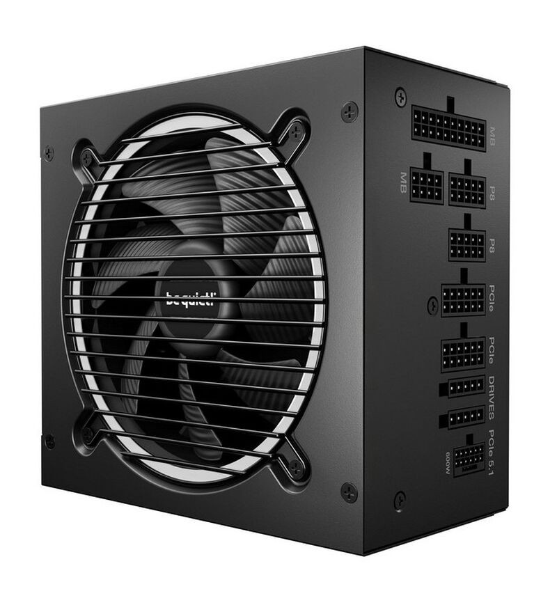 Black modular power supply with a large cooling fan, multiple ports for connections, and a sleek design, labeled with "be quiet!" and "80 Plus Gold" for efficiency.