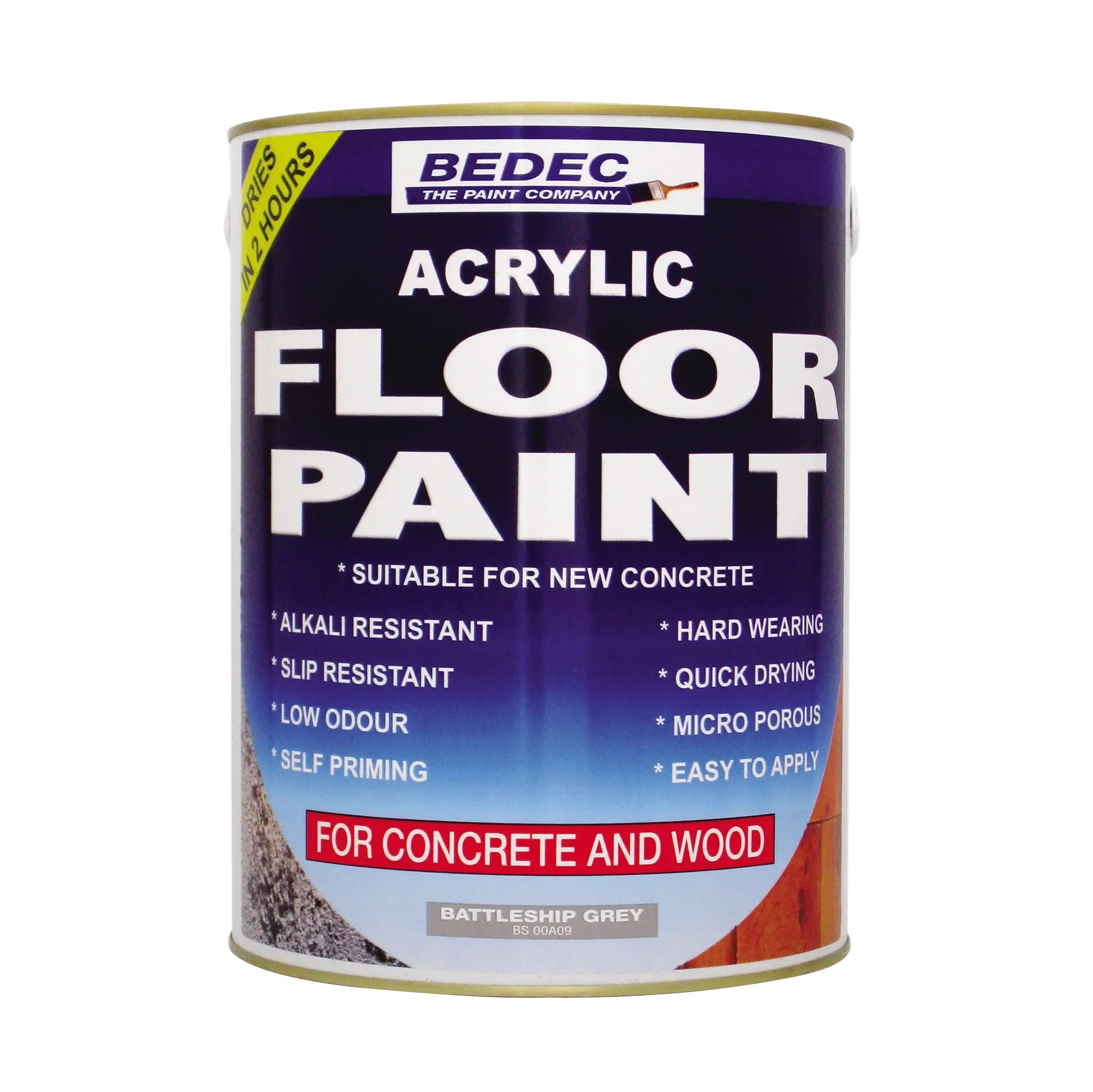 Battleship Grey 1L can of Bedec Acrylic Floor Paint, featuring non-slip formula, suitable for wooden and concrete floors, with low odour and quick drying properties.
