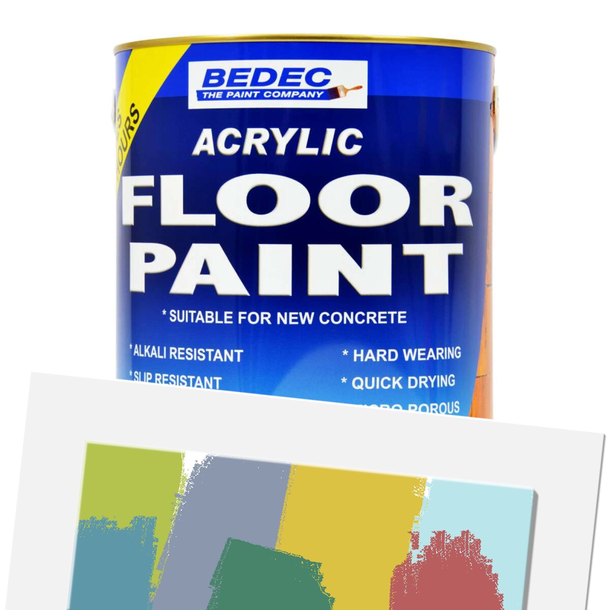 Black 5L can of Bedec Acrylic Floor Paint, featuring a blue label with bold white text, indicating it's suitable for wooden and concrete floors and is non-slip.