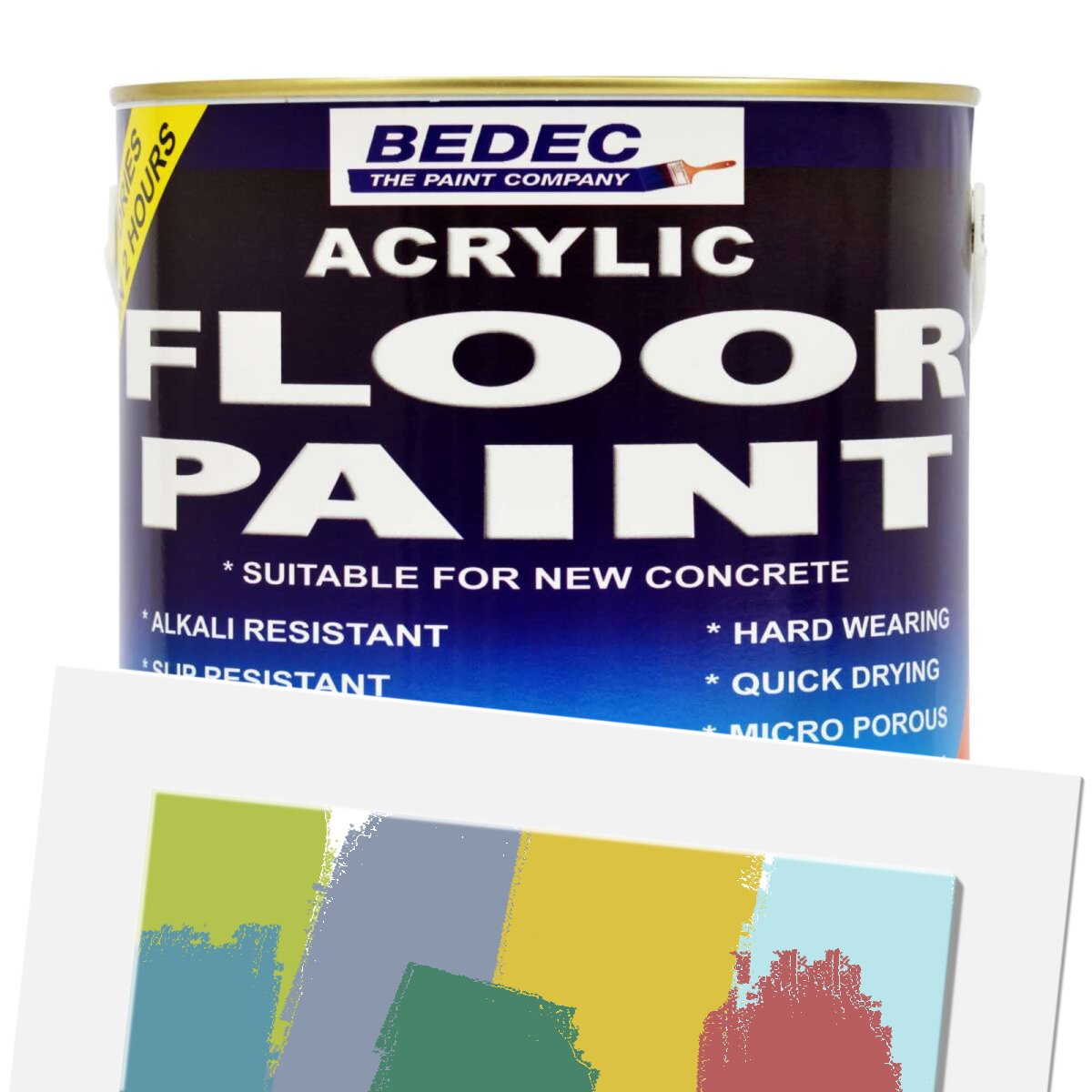 Blue 2.5L can of Bedec Acrylic Floor Paint, featuring a bold label with "ACRYLIC FLOOR PAINT," highlights non-slip properties and suitability for wooden and concrete surfaces.