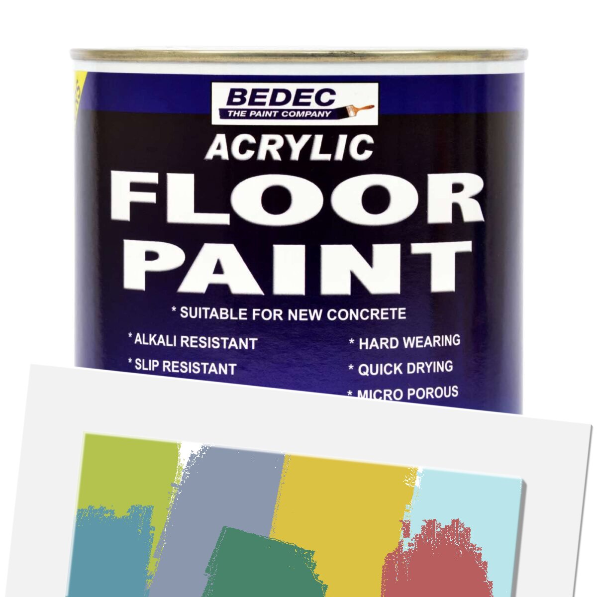 Red 1L can of Bedec Acrylic Floor Paint with bold white text, featuring details like non-slip, alkali resistant, and quick-drying properties, suitable for wooden and concrete floors.