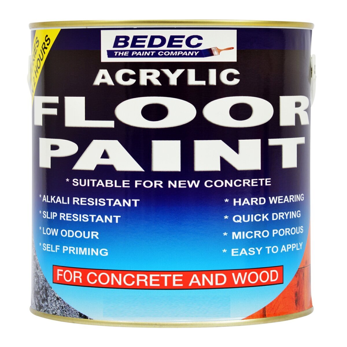 White 2.5L can of Bedec Acrylic Floor Paint featuring bold blue and white text, indicating it's non-slip and suitable for wooden and concrete floors, with a glossy finish.
