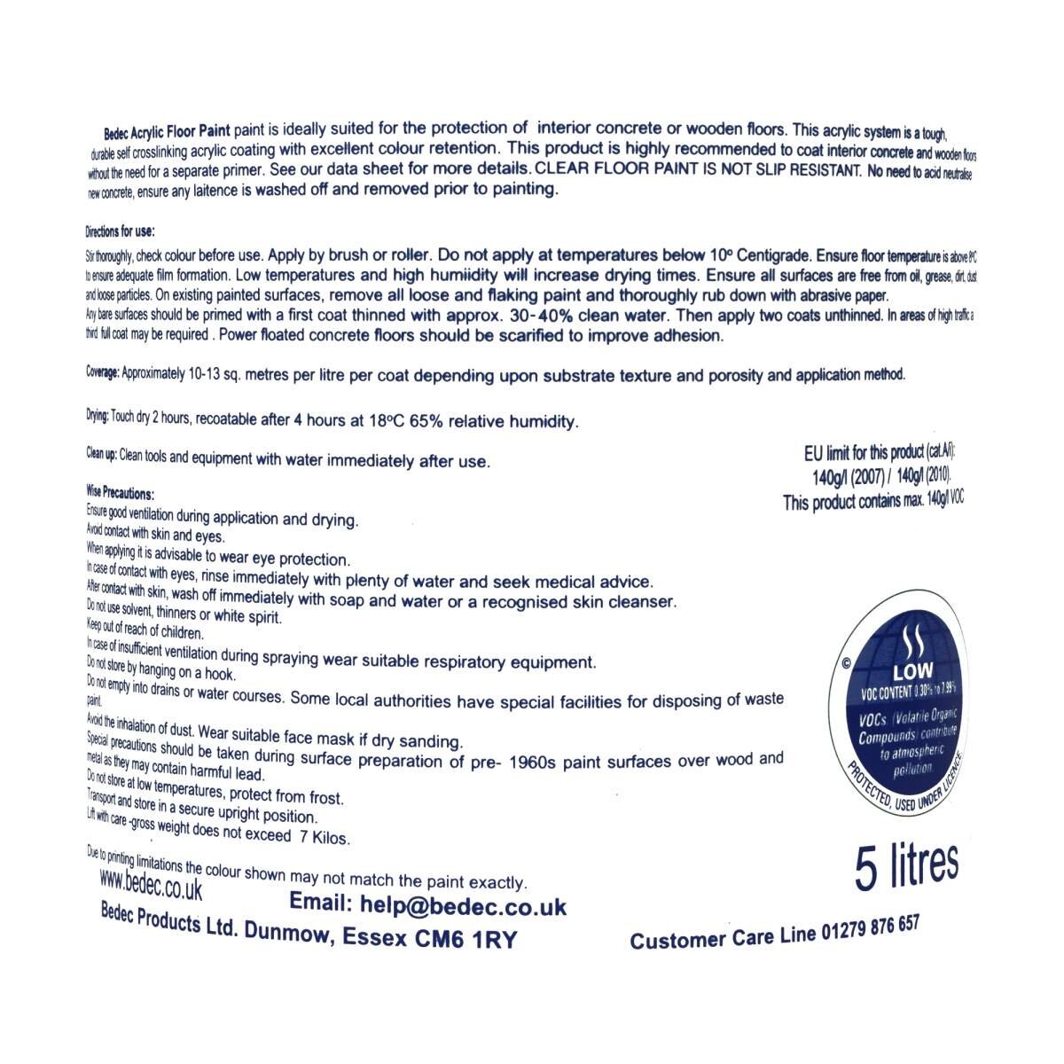 Bedec Acrylic Floor Paint in white, 5L container, features non-slip formula suitable for wooden and concrete floors, ideal for garages, with application instructions on the label.