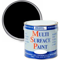 Bedec Black Gloss Multi Surface Paint 2.5L can with blue and red text, featuring a glossy black paint sample.