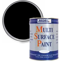 Bedec Black Satin Multi Surface Paint 5L can with blue and orange text, black paint swatch on side.