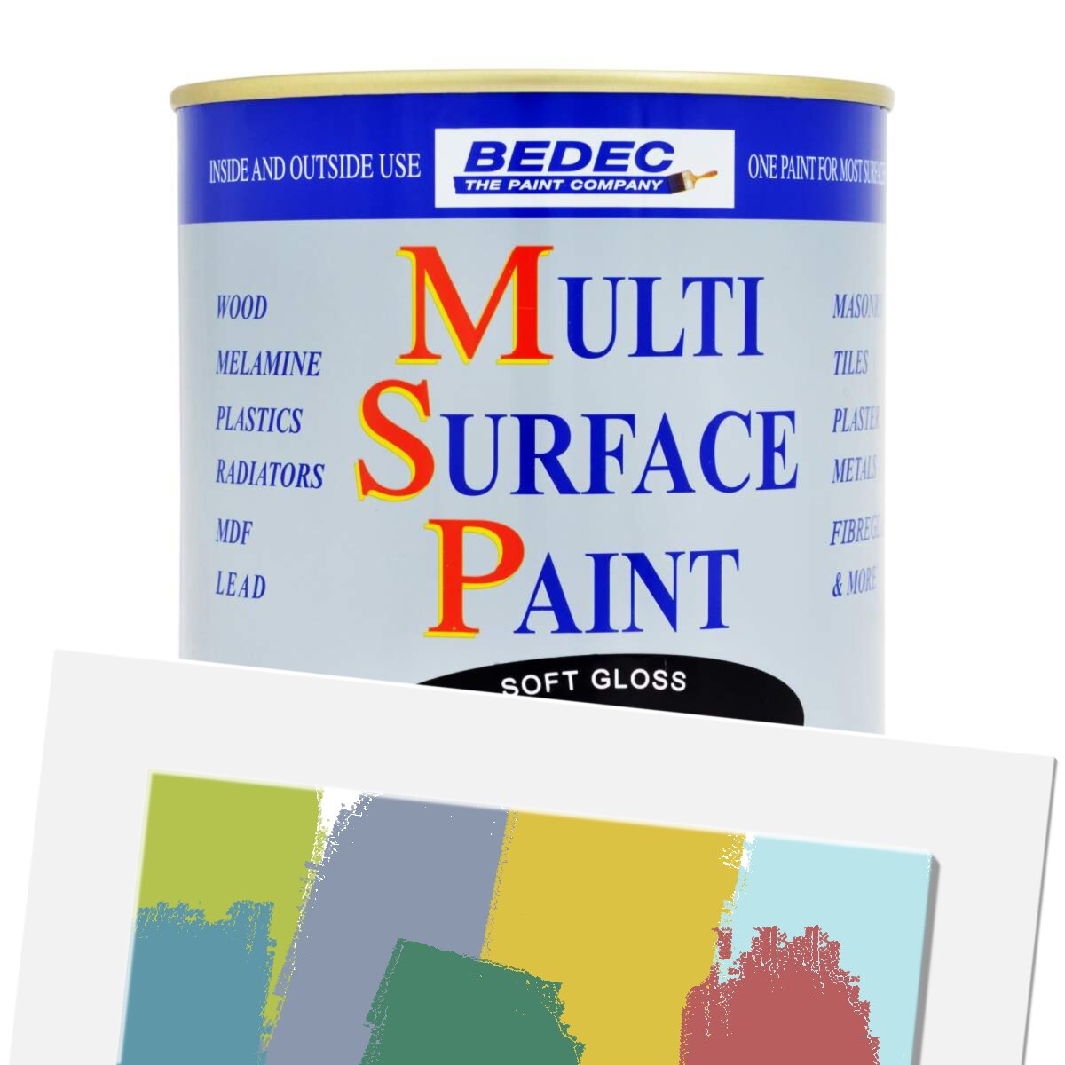BEDEC MSP Soft Satin paint in a 750ML can, featuring a blue label with red and yellow text, showcasing various color swatches below in soft pastel shades.