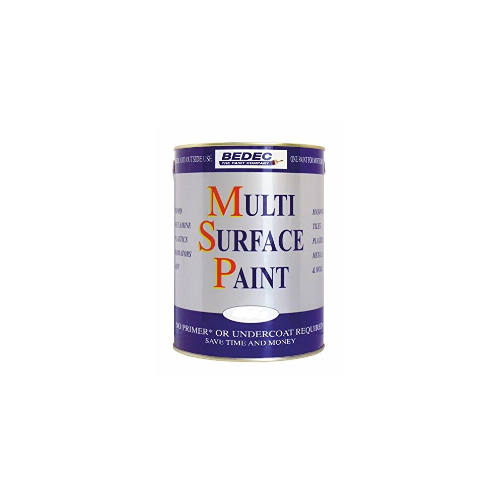 BEDEC MSP Soft Gloss paint can, 2.5L, featuring a blue and white label with "MULTI SURFACE PAINT" text, highlighting its ready-mixed formula and no primer needed.