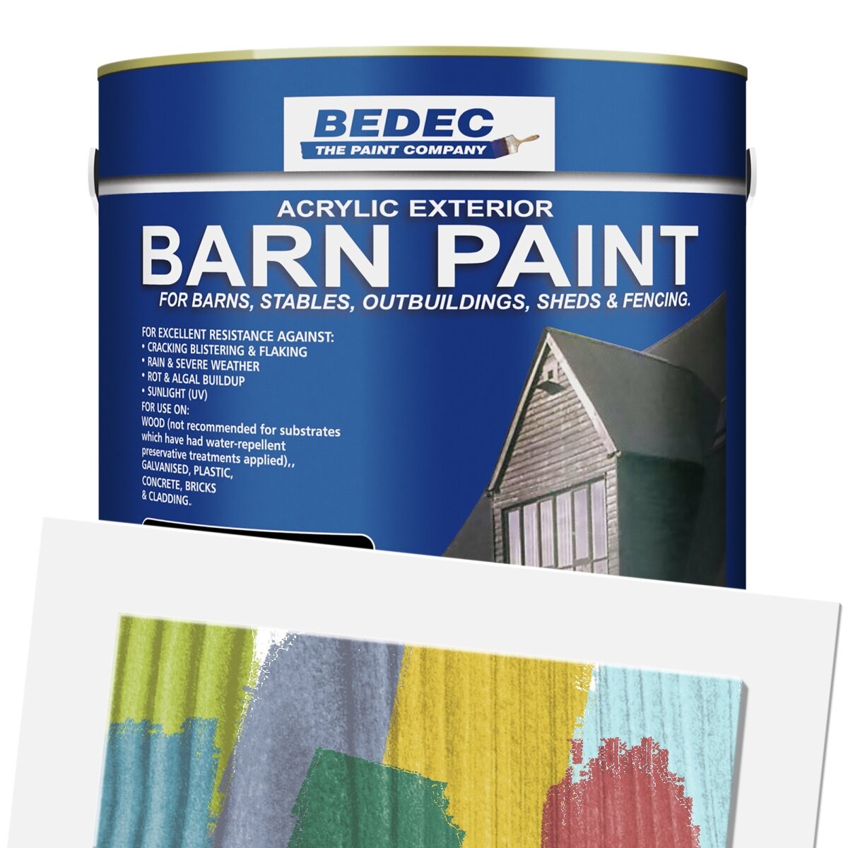 Blue paint canister labeled "Bedec Barn Paint Semi Gloss 2.5L" with a color swatch featuring various shades, including green, yellow, red, and blue, showcasing its versatility for exterior use.