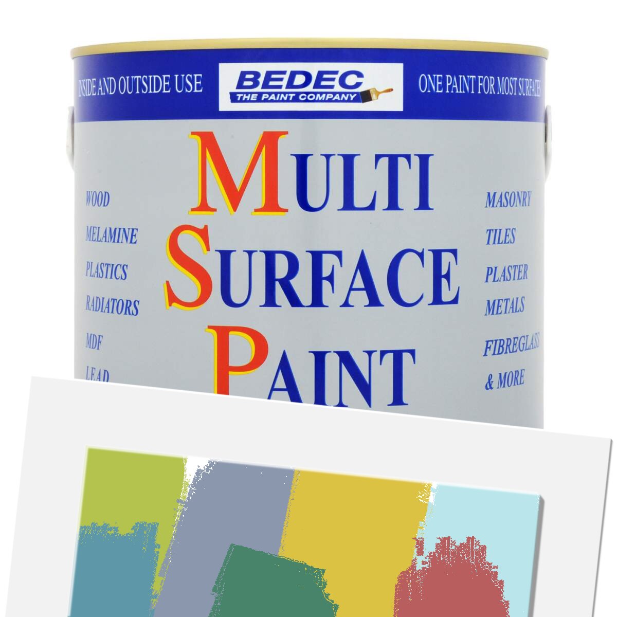 2.5-litre tin of Bedec Soft Gloss Multi-Surface Paint in Holly, featuring bold blue text on a silver background, showcasing versatility for various surfaces.