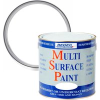 White Bedec satin multi-surface paint 2.5L can with blue and orange text, open lid beside it.