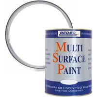 Bedec White Satin Multi Surface Paint 750ml can with blue and orange text, silver lid beside it.