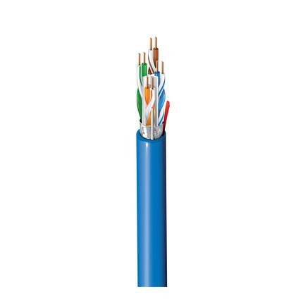 Blue Ethernet cable featuring multiple twisted pairs of wires in various colors, designed for high-speed data transmission.