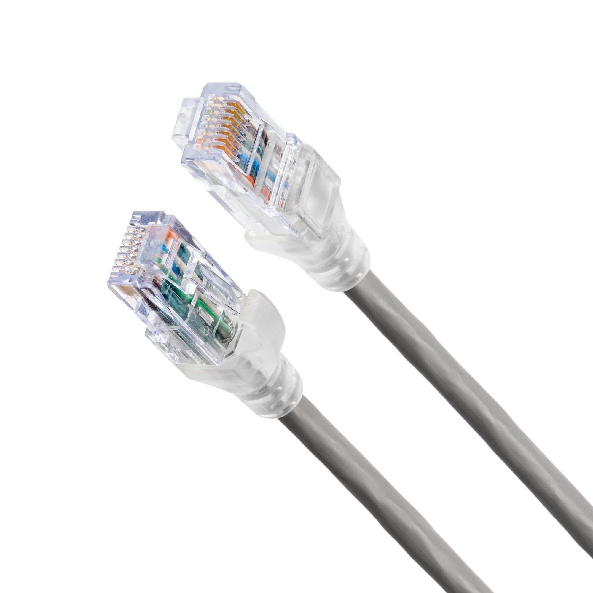 Gray UTP patch cord with transparent RJ45 connectors, featuring eight color-coded wires inside, designed for high-speed data transmission.