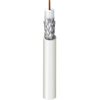 White Belden 1694ELV 75 Ohm SDI coaxial cable with copper core and braided shielding.