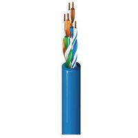 Blue Belden Category 5e cable with four twisted pairs of copper wires in orange, green, blue, and white.