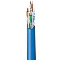 Blue Belden Category 6 cable with exposed twisted pairs of copper wires in orange, green, blue, and white.