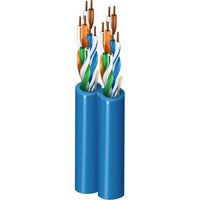 Blue Belden Dwis 2400 Category 6+ cable with twisted pairs of copper wires in orange, blue, green, and brown.