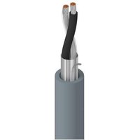 Gray Belden electronic cable with two twisted copper wires and black insulation.