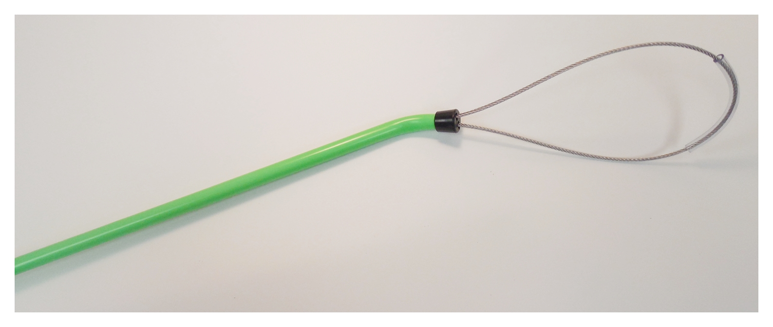 Green, flexible, shielded KCONN PCH tool with a sturdy black handle and a metal loop at the end, designed for effective cable management and installation.