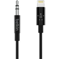 Black Belkin 0.9m audio cable with 3.5mm jack and Lightning connector, sleek design with branded text on cable.
