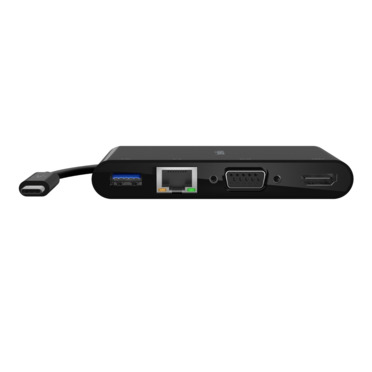 Black Belkin adapter featuring USB-C, HDMI, VGA, USB-A ports, and an Ethernet jack, designed for versatile connectivity.