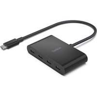 Black Belkin USB Type-C hub with four ports and attached cable, sleek rectangular design.