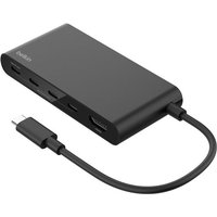 Black Belkin USB Type-C hub with multiple ports and attached cable, compact rectangular design.