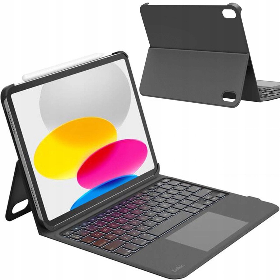Black folio case for an 11" tablet featuring a detachable keyboard, textured finish, and adjustable stand for versatile viewing angles.