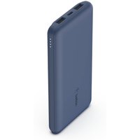 Blue Belkin BOOST↑CHARGE 10000 mAh power bank, slim design, dual USB ports, LED indicator lights on the side.