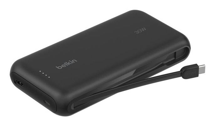 Belkin BoostCharge 20000 mAh power bank in sleek black, featuring a textured finish, USB-C port, and an integrated charging cable for convenience.