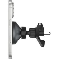 Black Belkin BoostCharge phone holder with adjustable grip and hook, attached to a smartphone side view.