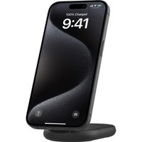 Black Belkin BoostCharge wireless charging stand with smartphone docked, displaying 9:41 on screen.