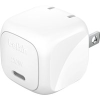 White Belkin BoostCharge fast charging AC adapter with USB-C port and foldable prongs.
