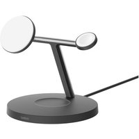 Black Belkin 3-in-1 wireless charger with two circular charging pads on a sleek stand and round base.