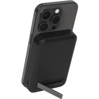 Black Belkin BoostCharge Pro 8000 mAh wireless charger with phone stand and LED indicator lights.