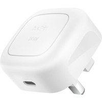 White Belkin BoostCharge AC indoor charger with USB port and compact design.
