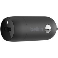 Black Belkin BoostCharge car charger with USB-C port and sleek cylindrical design