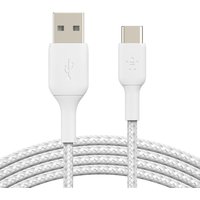 White Belkin BoostCharge USB cable, 2m length, USB A to USB C connectors, braided texture.
