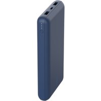 Blue Belkin power bank, 20000 mAh, slim design with two USB ports and LED charge indicators on the side.