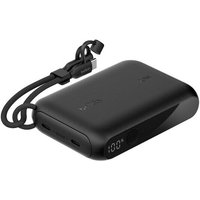 Black Belkin 10000 mAh power bank with digital display, dual USB ports, and attached charging cable.