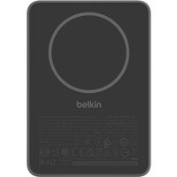 Black Belkin wireless charger, 5000 mAh, rectangular with rounded edges, circular charging pad on top.