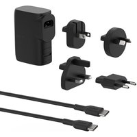 Black Belkin AC fast charger with multiple plug adapters and two USB-C cables.