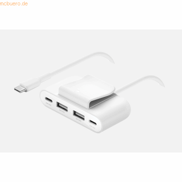 White Belkin BoostCharge power extender featuring 4 ports: 2 USB-C and 2 USB-A, with a sleek design and a connected USB-C cable for easy charging.