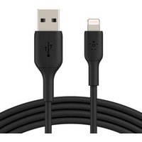 Black Belkin 2m lightning cable with USB-A to lightning connectors, sleek design, durable casing.