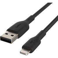 Black Belkin 0.15m lightning cable with USB-A to lightning connectors, braided texture for durability.