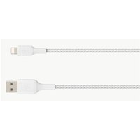 White Belkin lightning cable, 1 meter, with USB-A to lightning connectors, sleek design.