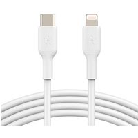 White Belkin 1m lightning cable with USB-C and lightning connectors, sleek design, durable build.
