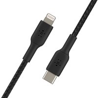 Black Belkin lightning cable, 1m, with USB-C and lightning connectors, braided texture for durability.